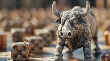 A Bull Figurine Standing On A Chessboard Next To Some Dice.