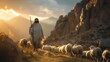 A shepherd guiding a flock of sheep through a mountainous landscape at sunset.