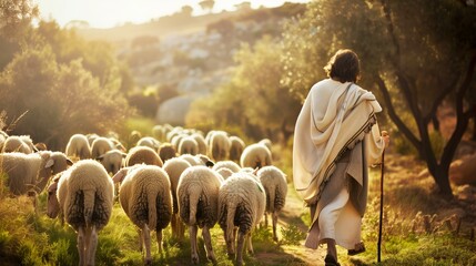 Poster - Shepherd in traditional attire leading a flock of sheep along a sunlit rural path.