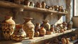 A collection of ancient pottery on wooden shelves.
