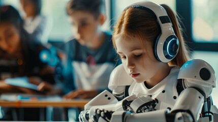Wall Mural - Young girl with headphones engaging with a robot in a classroom filled with diverse students.