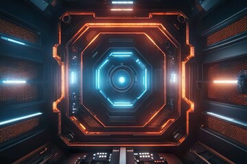 Poster - Printed circuit board futuristic server on board. 3d, neon glow. Computer technology