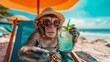 A monkey in human clothes lies on a sunbathe on the beach, on a sun lounger, under a bright sun umbrella, drinks a mojito with ice from a glass glass with a straw, smiles, summer tones, bright rich co