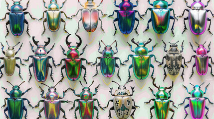 Canvas Print - A grid of various colored iridescent shiny jewel beetle illustrations on a white background.