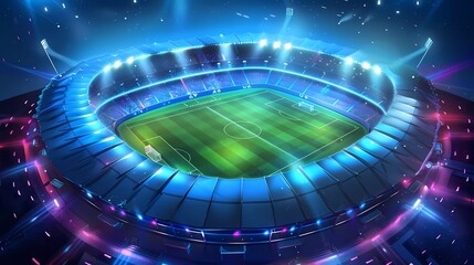 Football arena. Realistic European football stadium with grass field, lights and floodlights. 3d ball sports game vector night scene