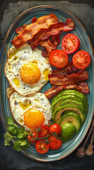 Wall Mural - avocado, tomato, four eggs and bacon as a big healthy breakfast