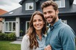 © ThomasLENNE - Smiling couple looking away while standing against modern house