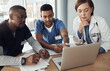 © peopleimages.com - Doctor, teamwork and thinking on computer for meeting, research ideas and medical results with new software. Healthcare group, people and nurse with online presentation or laptop for clinic decision