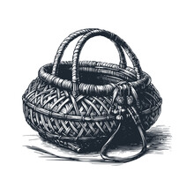 The Rattan Basket. Black White Vector Illustration.