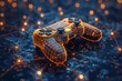 digital yellow Low Poly wireframe game controller, ai in  gaming experiences, player behavior analysis, adaptive difficulty settings, gameplay gaming sessions.
