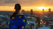  woman  European flag at sunset, 