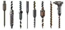 A Set Of Various Shapes And Sizes Of Drill Heads, Including Spades, Screwdriver-shaped Bits With Sharp Ends, And Spiral Or Twist Bits With Visible Metal All Are Displayed Against A White Background