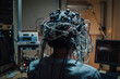 insightful photograph capturing the process of brainwave monitoring, with electrodes affixed to a person's head, highlighting the intersection of neuroscience and technology in und