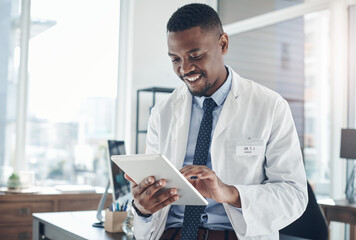 Poster - Office, black man and doctor with tablet, smile and telehealth for clinic, serious and online for healthcare. Workplace, hospital and internet and technology for science, medical and research