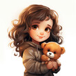 Illustration of little girl holding teddy bear in her hands. Very cute baby with soft toy. Beautiful girl with curly hair and big eyes