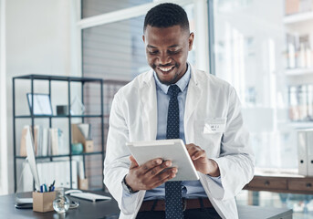 Poster - Medical, doctor and tablet for work, smile and telehealth for clinic, serious and online for healthcare. Workplace, hospital and internet and technology for black man, science and research of staff