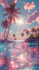 Wall Mural - Sparkling tropical water under sunlit sky - Gorgeous sparkling tropical water with sun flares and palm tree shadows under a bright sunlit pink sky