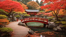 A Red Bridge Over A Pond In A Japanese Garden. The Trees Are In Autumn Colors.

