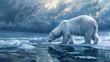 A beautiful polar bear is carefully touching the sea surface in order to cross a melt pond in the high arctic ocean which is strongly influenced