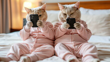 Two Cats Wearing Pink Pajamas Are Sitting On A Bed And Looking At Their Cell Phones. Scene Is Playful And Lighthearted, As The Cats Are Pretending To Use Their Phones Like Humans