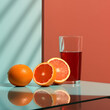 Bodegón vaso. Gin tonic. Bebidas. Rojo Fotografía editorial. Fotografía de producto. Naranjas. Generado con IA.