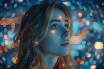 Poster - A mysterious woman's silhouette against a mesmerizing background of multicolored bokeh lights that exude a sense of magic