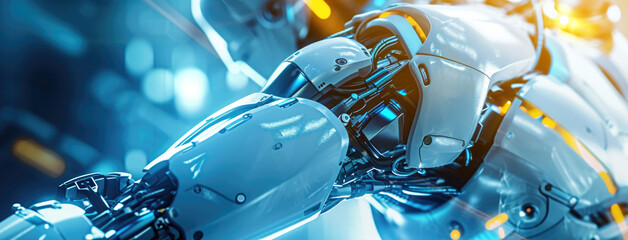 3d rendering robot or cyborg in blue light background 3d illustration