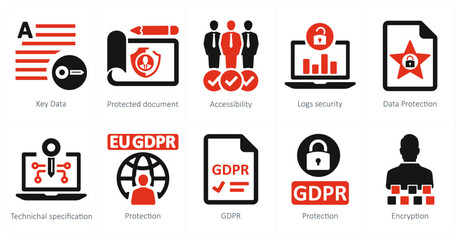 Sticker - A set of 10 gdpr icons as key data, protected document, accessibility