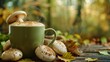 Banner with mushroom coffee in green cup on wooden background new superfood trendy healthy concept with copy space selective focus