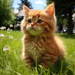 Wall Mural - A small cute orange kitten sits on the green grass on a sunny day.