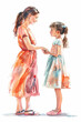 A full-length image of a mother and daughter. Rear view. Watercolor illustration. Isolate on a white background
