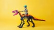 © Maaz - Creative arrangement of black skeleton riding on colorful T-Rex against yellow backdrop