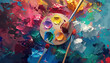 A painting table with many different colors of paint and brushes