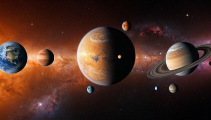 Wall Mural - Interstellar Tableau: Planets Surrounded by Nebulae and Galaxies