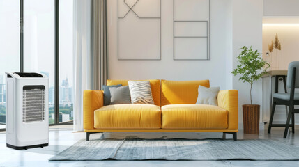 Aufkleber - A living room with a yellow couch and a white portable air conditioner