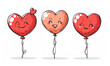 Three cheerful heartshaped balloons floating in the air, one holding a string, with smiling faces