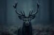 Create a haunting and suspenseful scene featuring a deer in a dark, eerie forest