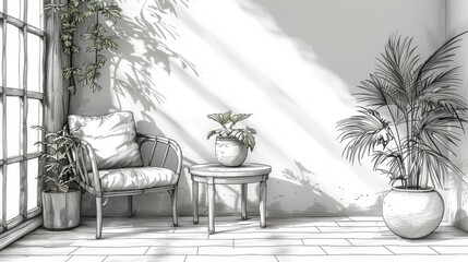 Canvas Print - Drawing of armchairs and tables with plants in vases.