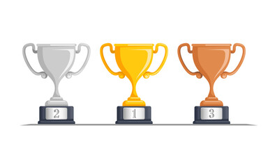 Gold, silver, and bronze trophies for 1st, 2nd, and 3rd place winners. Transparent white background. Vector EPS 10 files provided for customization. Simplified for championship prizes and achievements