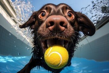 Funny wet chocolate Labrador dog catching a bright yellow ball with its mouth wide open underwater in a swimming pool with blue water and looking at the camera with big surprised eyes
