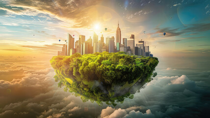 Wall Mural - Amazing floating island with cityscape modern city