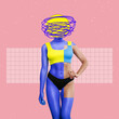 A young woman with slender toned figure headed by spiral lines on a pink background. Blue and yellow colors. Trendy creative collage in magazine style. Contemporary art. Modern design