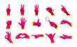 Collection of hot pink hands showing gestures such as ok, peace, heart shape, thumb up, point to object, holding magnifying glass, writing isolated on white background. Creative collage. Modern design