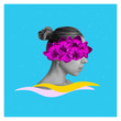 Black and white profile of young woman with purple color lily flowers on a face hiding her eyes isolated on blue background. Trendy creative collage in magazine style. Contemporary art. Modern design