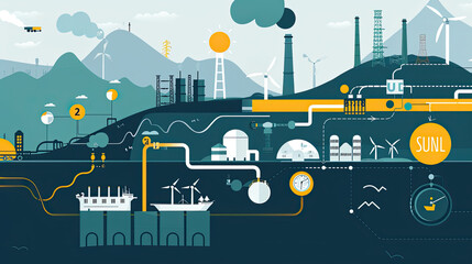 An infographic of global power flow, with icons for oil, coal, sun, wind, and hydro.