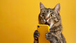 © Happy Lab - Cute cat shocked hold in hands use mobile cell phone isolated on yellow color background. Funny shopping concept, little kitten holds phone surprised