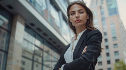 Poster - A woman in a business suit stands in front of a building with her arms crossed