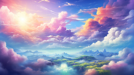 Poster - Fantasy Landscape with Sunrise and Clouds Digital Artwork