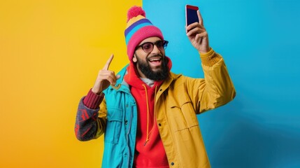 Poster - A man in a yellow jacket is holding a cell phone and pointing to the camera