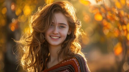 A woman with long brown hair is smiling and wearing a striped sweater